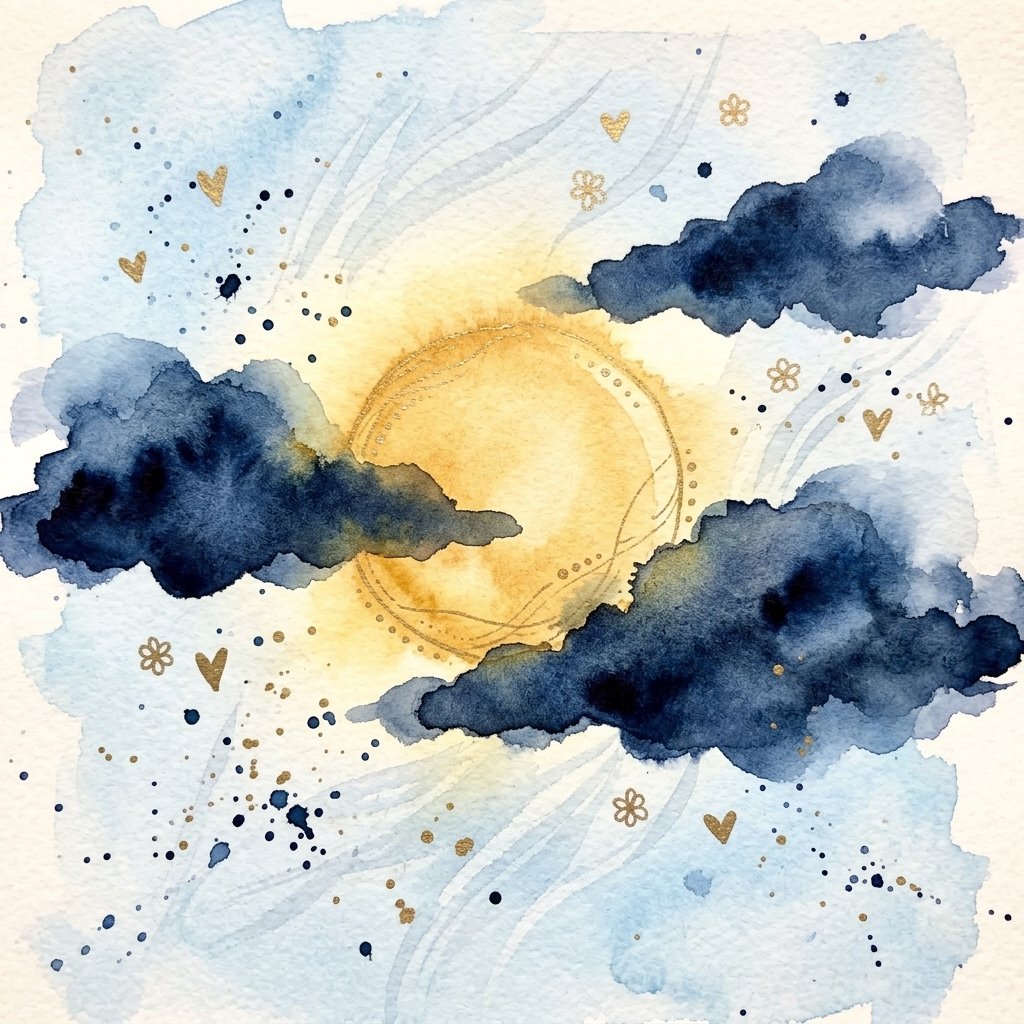 A glowing sun behind passing dark clouds, painted in watercolor